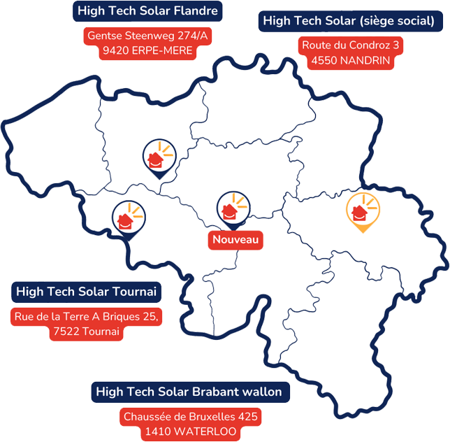 carte de la Belgique avec les showrooms High Tech Solar